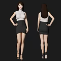 Woman in white top and black skirt with hands on hips front back views