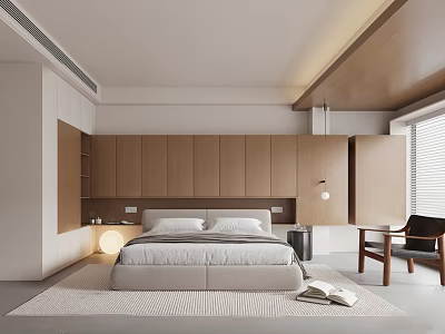 Modern Bedroom Interior With Wooden Wardrobes Platform Bed Area Rug And Accent Chair 3d model