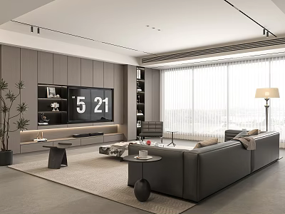 Modern Living Room Interior Featuring Gray Sofa TV Wall Digital Display And Large Windows 3d model