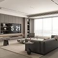 Modern Living Room Interior Featuring Gray Sofa TV Wall Digital Display And Large Windows