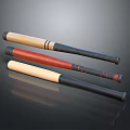 Three Wooden Baseball Bats With Red Natural Finish And Black Grips Sports Equipment