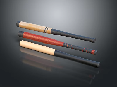 Three Wooden Baseball Bats With Red Natural Finish And Black Grips Sports Equipment 3d model
