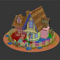 Colorful Cartoon House Scene With Red Roof Chimney Wooden Fence And Lawn Lamp Post