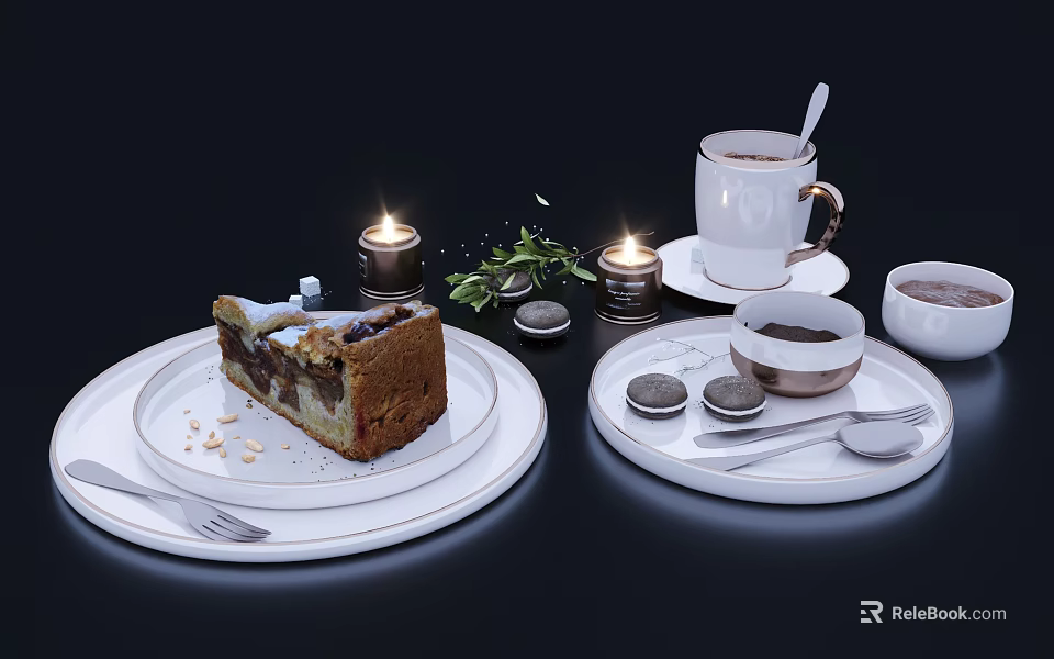 Elegant Tableware Set With Cake On Plate Coffee Cup Tea Cup And Candles With Greenery 3d model 