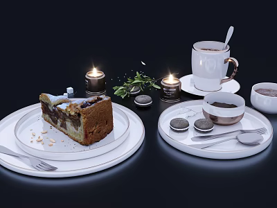 Elegant Tableware Set With Cake On Plate Coffee Cup Tea Cup And Candles With Greenery 3d model