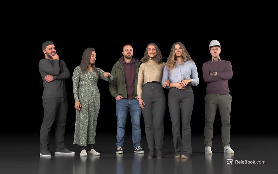 Group of people standing together in casual attire with varied poses 3d model 