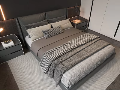 Modern Double Bed with Dark Headboard Soft Pillows Plaid Blanket and Bedside Table Lamps 3d model