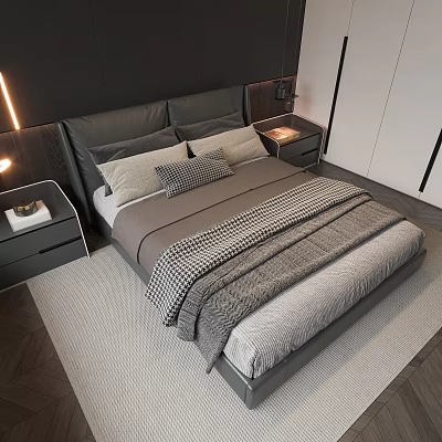Modern Double Bed with Dark Headboard Soft Pillows Plaid Blanket and Bedside Table Lamps 3d model