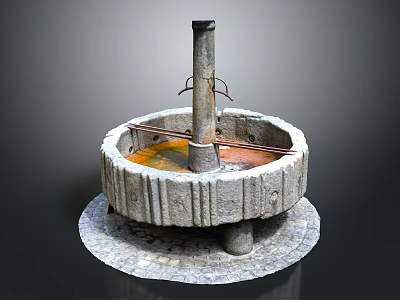 Traditional Stone Well With Circular Striped Curb Central Pillar And Metal Parts 3d model