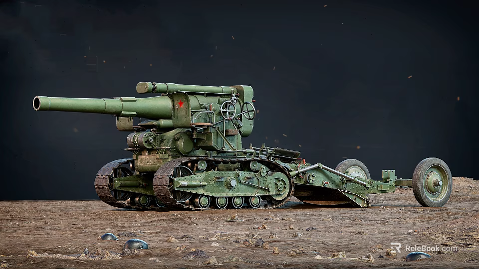Green Tracked Military Artillery Vehicle With Long Cannon On Sand Terrain 3d model 