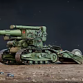 Green Tracked Military Artillery Vehicle With Long Cannon On Sand Terrain