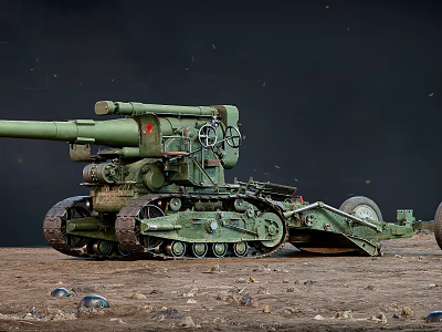 Green Tracked Military Artillery Vehicle With Long Cannon On Sand Terrain 3d model