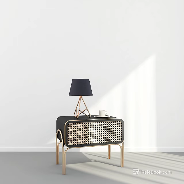 Modern Black Bedside Table With Wicker Panel Gold Legs Table Lamp And Cup 3d model