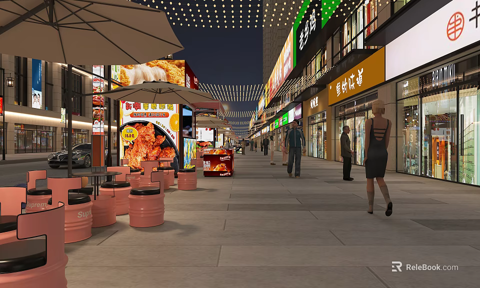 Vibrant Commercial Street At Night With Shops Pedestrians And Outdoor Seating 3d model 