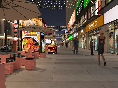 Vibrant Commercial Street At Night With Shops Pedestrians And Outdoor Seating 3d model