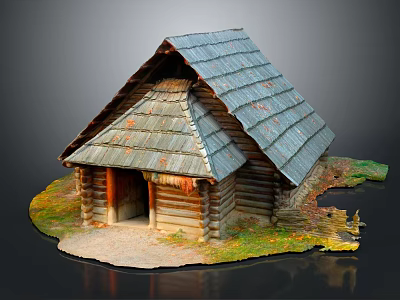 Cartoon Scene Of Rustic Log Cabin With Tiled Roof And Wooden Door 3d model