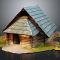 Cartoon Scene Of Rustic Log Cabin With Tiled Roof And Wooden Door