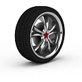 Car Wheel Design With Black Tire Silver Spokes And Red Center Logo