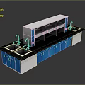 Food Preparation Kitchen Counter With Blue Cabinets Black Top Sink And Upper Shelves