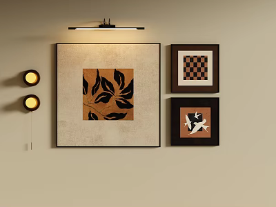 Abstract Painting with Leaf Patterns Hanging on Wall with Small Artworks and Round Lamps 3d model
