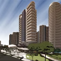 Modern Urban High Rise Complex With Central Water Feature And Surrounding Roads