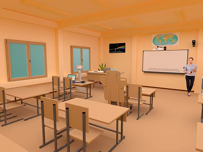 Bright Classroom Interior With Desks Chairs Whiteboard Globe TV Windows And Teacher 3d model