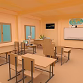 Bright Classroom Interior With Desks Chairs Whiteboard Globe TV Windows And Teacher