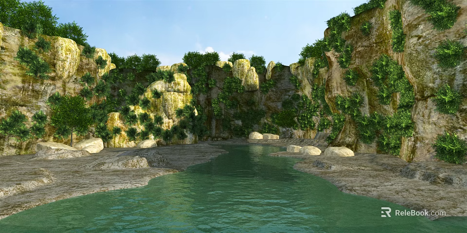 Natural Garden Landscape With Green River Rocks And Vegetation Covered Cliffs 3d model 