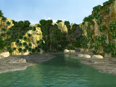 Natural Garden Landscape With Green River Rocks And Vegetation Covered Cliffs 3d model