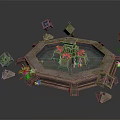 Garden Ornament Hexagonal Pool with Central Rock Fountain Surrounded by Geometric Decorations and Green Plants