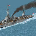 Battleship Sailing On Blue Ocean With Smoke From Chimneys And American Flag
