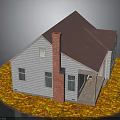 House Exterior With Red Chimney Purple Roof White Walls Porch Chair And Autumn Leaves
