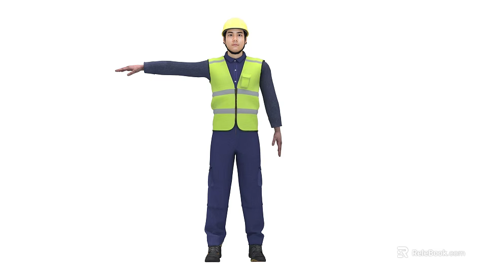 Male Construction Worker Wearing Yellow Hard Hat And Reflective Vest Pointing 3d model