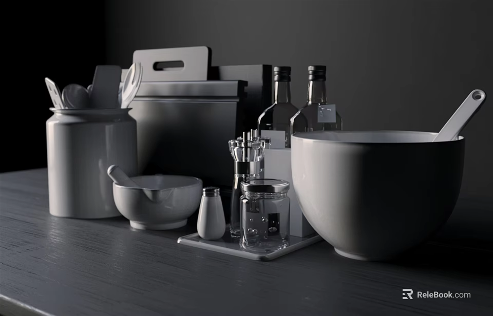 Minimalist Gray Kitchenware Collection Including Canisters Bowls And Spice Jars On Dark Countertop 3d model 