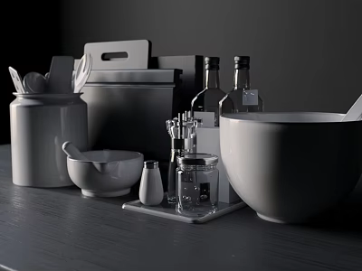 Minimalist Gray Kitchenware Collection Including Canisters Bowls And Spice Jars On Dark Countertop 3d model