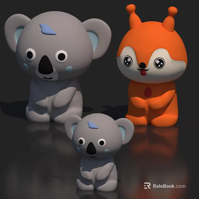 Cute Big Gray Koala Small Gray Koala And Orange Fox Cartoon Stuffed Toys 3d model 