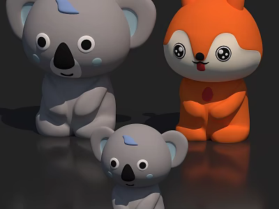 Cute Big Gray Koala Small Gray Koala And Orange Fox Cartoon Stuffed Toys 3d model