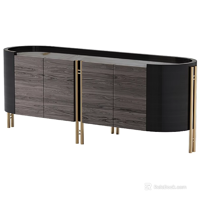 Modern Entryway Console Cabinet With Wooden Panels Black Frame And Golden Metal Legs 3d model 