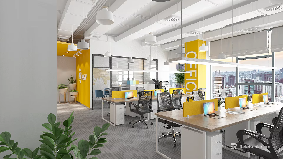 Modern Public Office Space With Open Layout Yellow Partitions Desks Office Chairs And Green Plants 3d model 