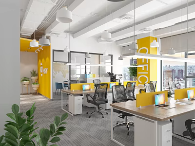 Modern Public Office Space With Open Layout Yellow Partitions Desks Office Chairs And Green Plants 3d model