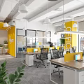 Modern Public Office Space With Open Layout Yellow Partitions Desks Office Chairs And Green Plants