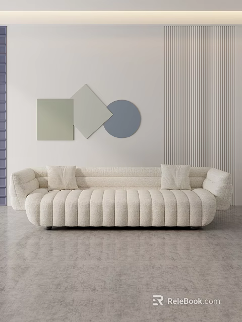 Beige Multi Seater Sofa With Pleated Design Against Vertical Striped Wall And Geometric Art Decor 3d model 