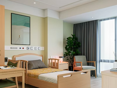 Hotel Guest Room Interior With Wooden Bed Wall Artwork Window Plant Armchair And Nightstand 3d model