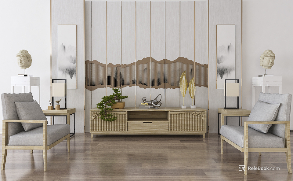 Modern Chinese Style Single Sofa with Wooden Floor Decorative Painting Side Table and Green Plant 3d model 