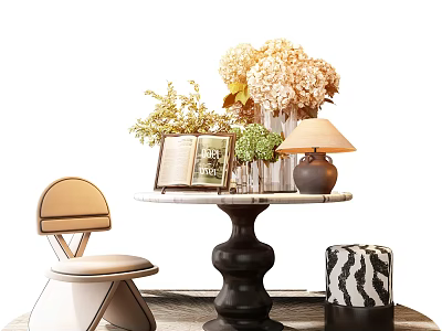 Stylish Console Table with Open Book Fresh Flowers Table Lamp Modern Chair and Zebra Print Ottoman 3d model