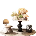 Stylish Console Table with Open Book Fresh Flowers Table Lamp Modern Chair and Zebra Print Ottoman