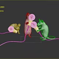Game Movie Character Three White Mice With Light Bulb And Horns On Dark Reflective Surface