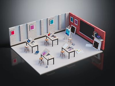 Art Studio Interior With Drawing Tables Easels Stools And Colorful Wall Art 3d model