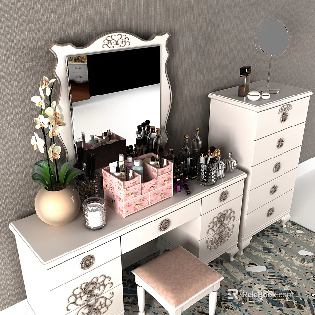 Elegant White Vanity Dressing Table With Mirror Storage Box Cosmetics And Vase 3d model 