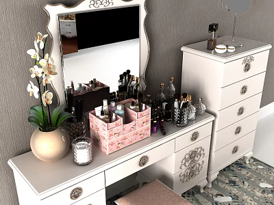 Elegant White Vanity Dressing Table With Mirror Storage Box Cosmetics And Vase 3d model